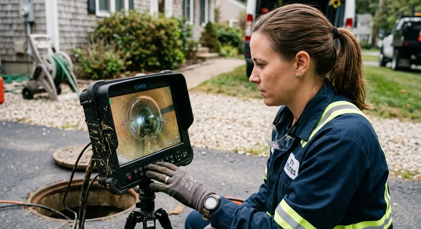 Technician reviewing sewer camera inspection footage in Napoleon