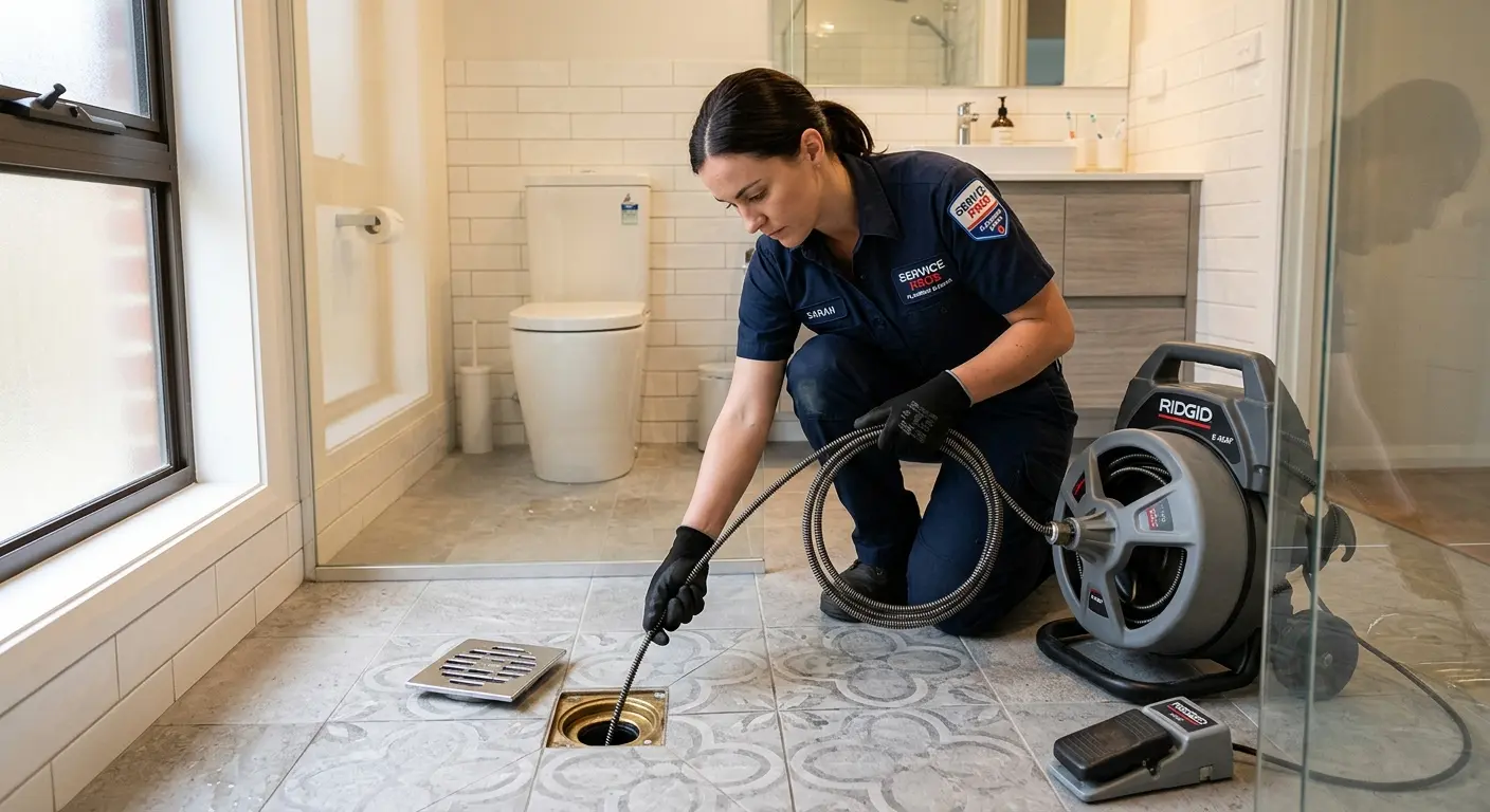 Technician clearing a bathroom floor drain for Drain Repair in Napoleon